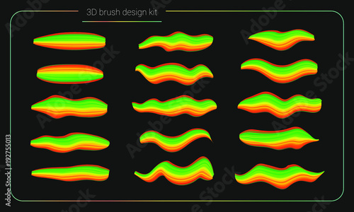 3d smear brush paint set. Liquid colors paint strokes. Artistic stripe paintbrush isolated. Vector brush smear design elements. Hand drawn creative colorful brushes. Modern vector creative kit. 