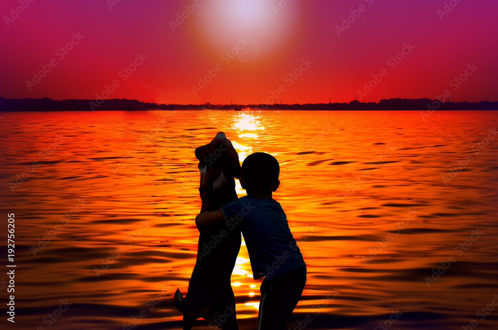 Silhouette of child and dog embracing at sunset