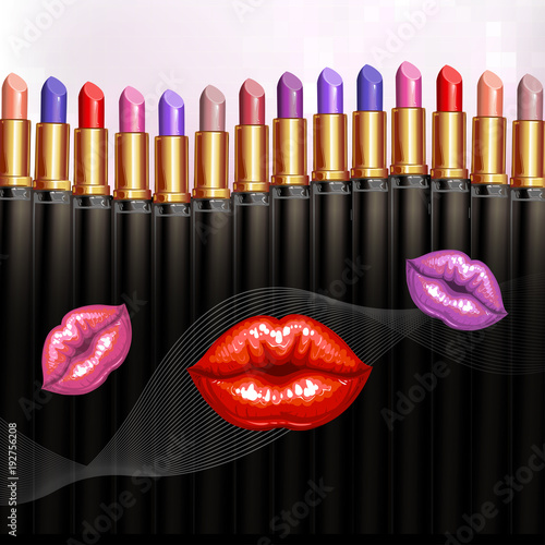 Colorful lipsticks with glossy female lips