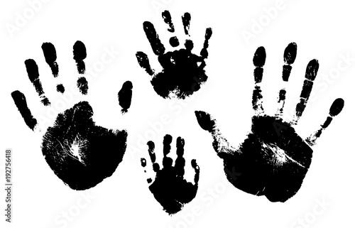 Handprints of a man, a woman, a child. Vector silhouette on white background