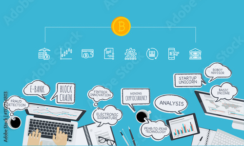 Bitcoin trading platform. Flat design style web banner of blockchain technology, bitcoin, altcoins, cryptocurrency mining, finance, digital money market, cryptocoin wallet, crypto exchange. 