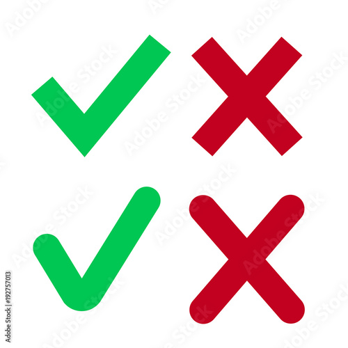 Red cross and green tick flat set for web sites. Right and Wrong signs isolated on white background vector illustration. Yes and No symbols
