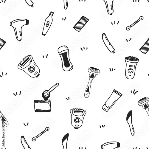 Hair removal Seamless pattern with flat line icons. Types of Epilation for site background, business card, banner. Hand drawn vector illustration.