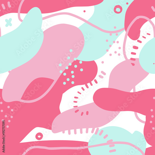 Fluid bold shapes seamless pattern. Abstract design with colorful elements. Chaotic stains in pink colors. Vector print apparel texture.
