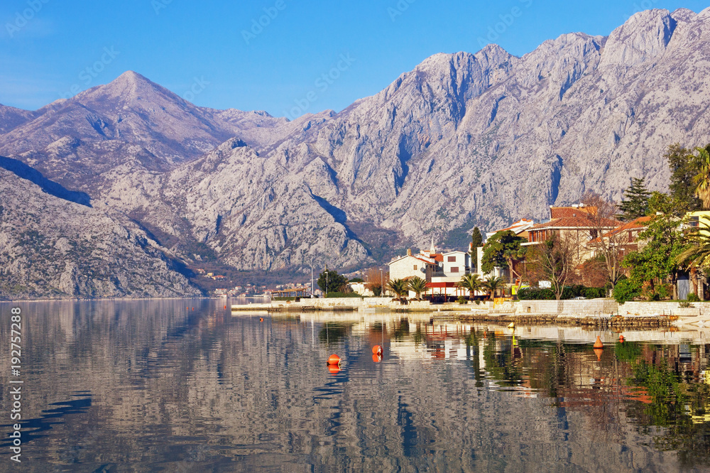 Beautiful Mediterranean landscape on a sunny winter day. Montenegro, Bay of Kotor ( Adriatic Sea ) and Dobrota town