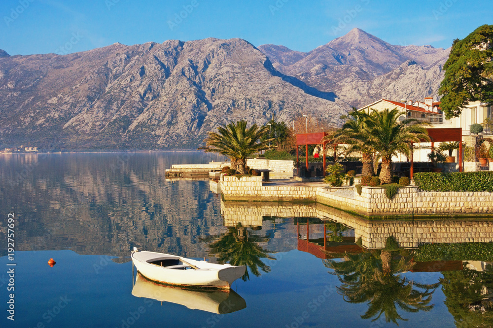Naklejka premium Winter Mediterranean landscape. Montenegro, view of Bay of Kotor and Dobrota town