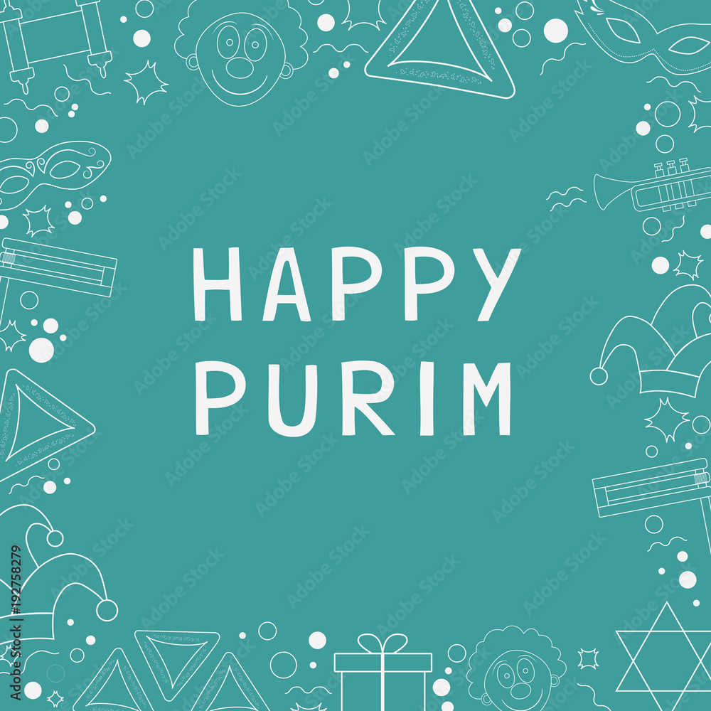 Frame with purim holiday flat design white thin line icons with text in english Frame with purim holiday flat design white thin line icons with text in english