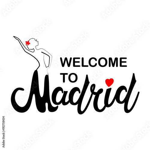 Beautiful hand written text typography design of europe european city madrid name logo with silhouette of a dancing flamenco dancer suitable for tourism or visit promotion