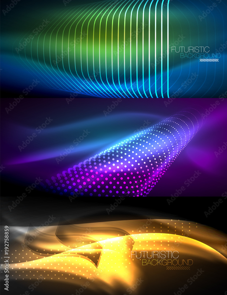 Set of glowing neon lines and shapes on dark, shiny motion, magic space light. Vector techno abstract backgrounds Set of glowing neon lines and shapes on dark, shiny motion, magic space light. Vector techno abstract backgrounds