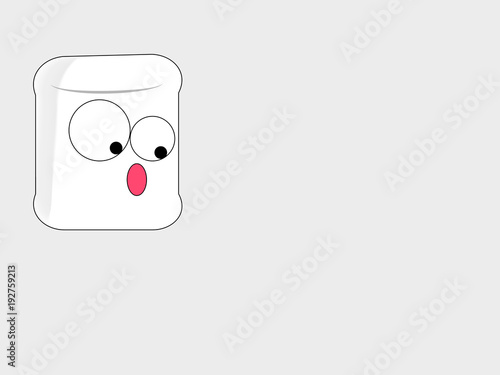 marshmallow cartoon with big surprise looks down on a white background photo