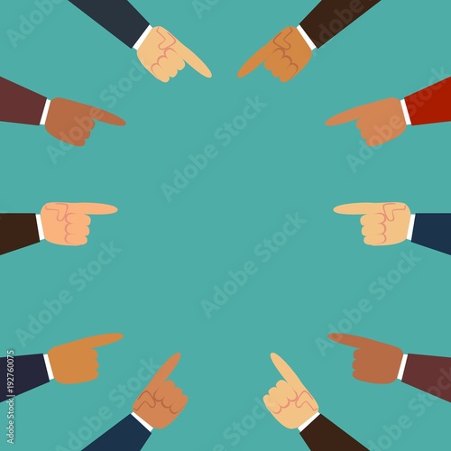 Fingers pointing at empty place on colored background. Stock flat vector illustration.