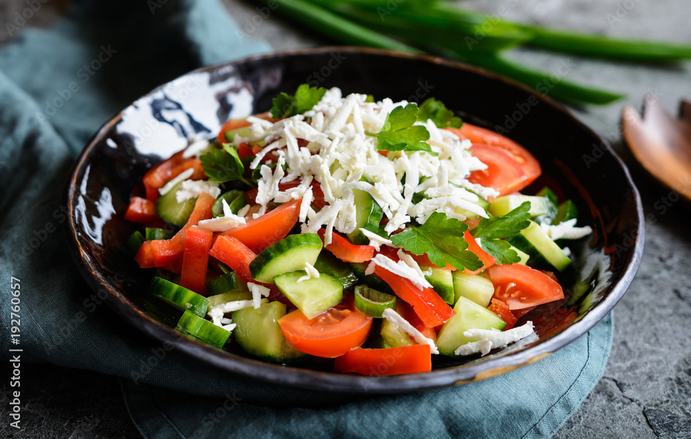 Shopska Salad - Bulgarian salad with tomato, cucumber, pepper, scallion, parsley and cheese Shopska Salad - Bulgarian salad with tomato, cucumber, pepper, scallion, parsley and cheese
