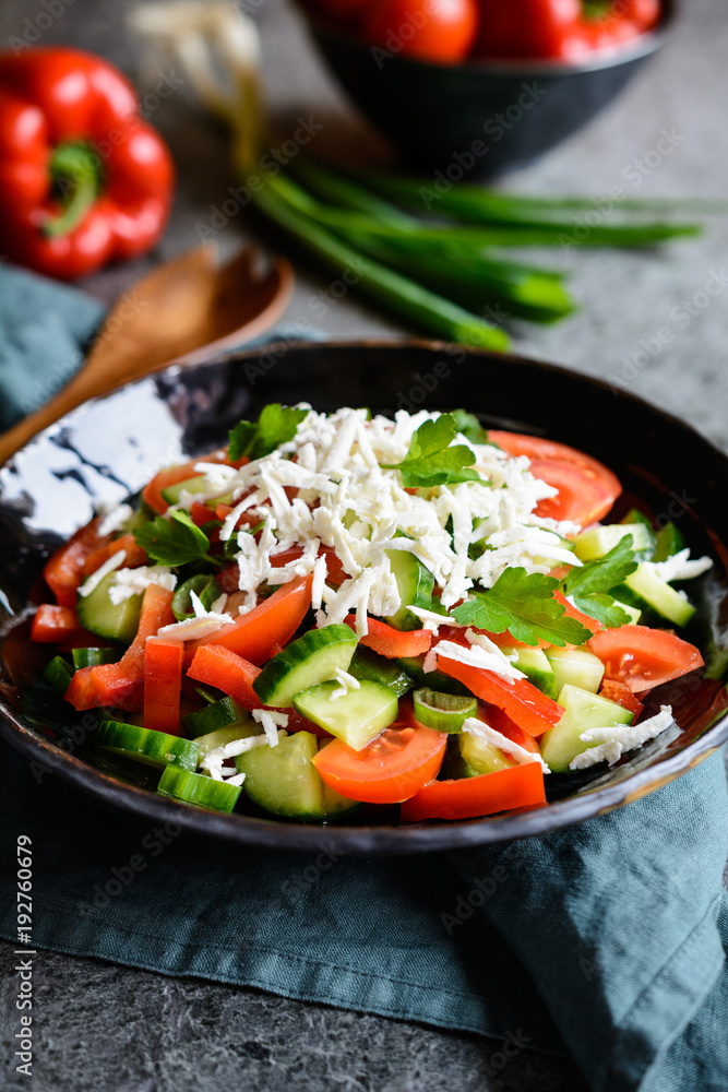 Shopska Salad - Bulgarian salad with tomato, cucumber, pepper, scallion, parsley and cheese Shopska Salad - Bulgarian salad with tomato, cucumber, pepper, scallion, parsley and cheese