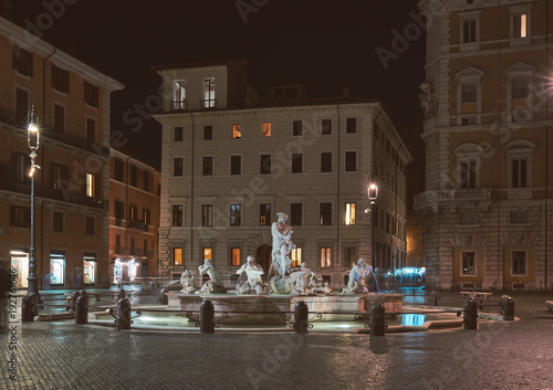 Rome, Piazza Navona, view of the fountains at night (Fontana del Moro)