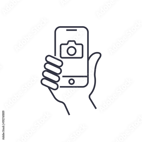 Taking selfie on smartphone concept creative icon selfie label. 