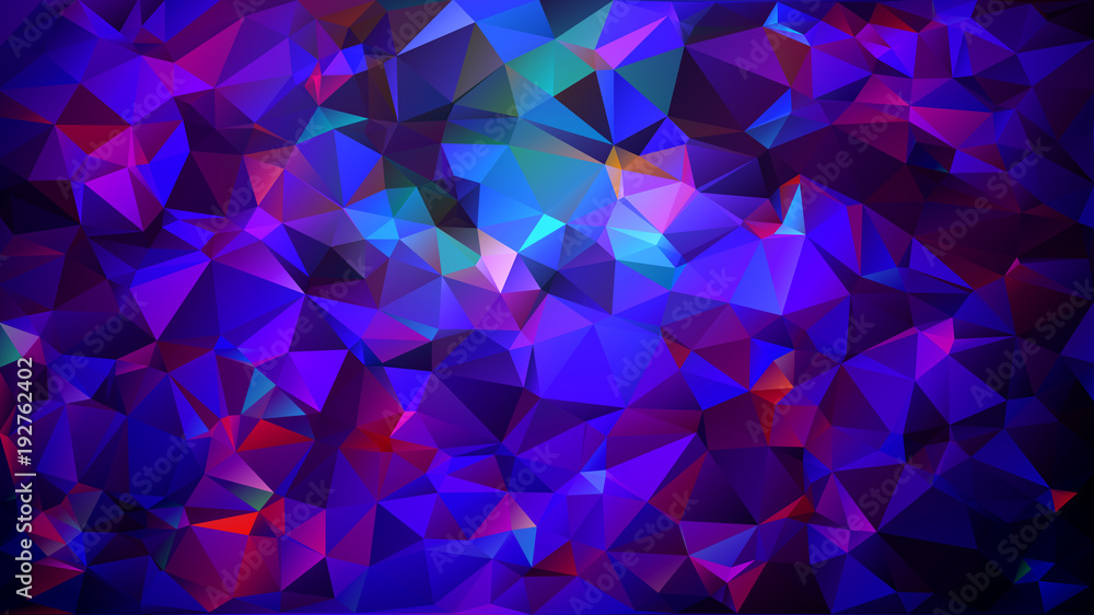 Abstract low poly background of triangles in Purple, pink, blue colors. Substrate for design. 16:9