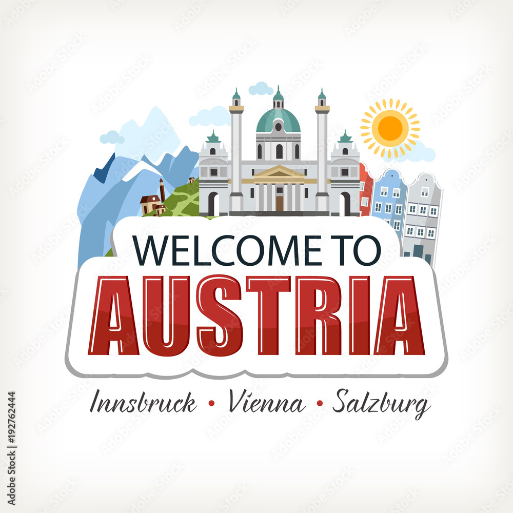 Austria sticker header lettering welcome with cathedral nature mountains