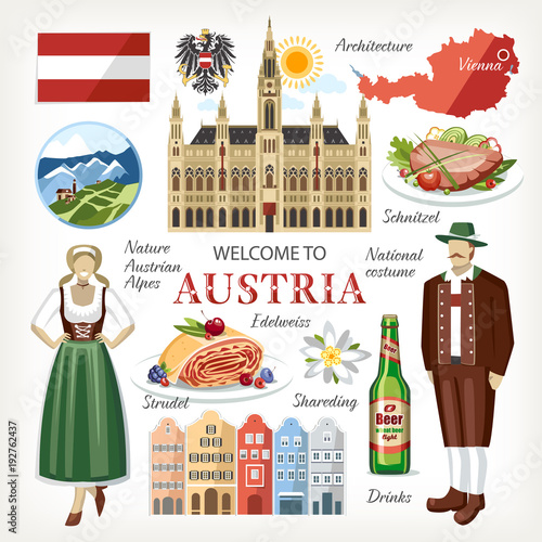 Austria symbols collection cathedral vienna national costume alps state symbols food map beer people architecture
