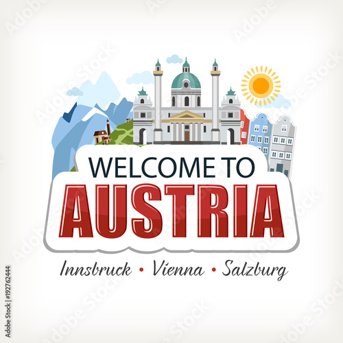 Austria sticker header lettering welcome with cathedral nature mountains