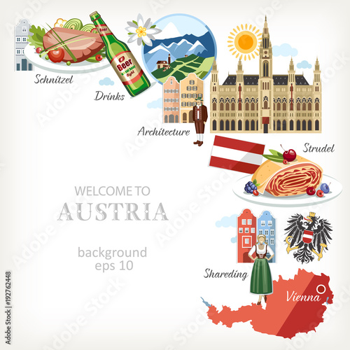 Austria background with traditional symbols food and architecture