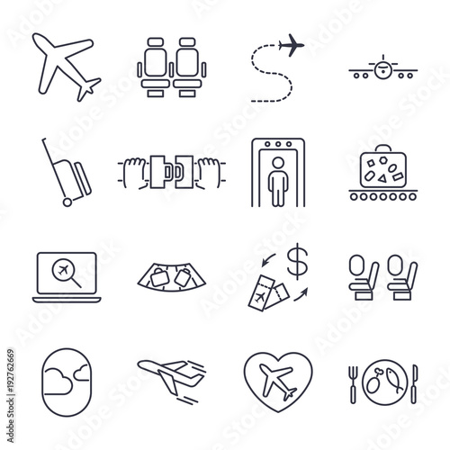 Airport icon set, airport management icons, aerial transportation icons plane, seat, airway, rechange, suitcase and other. Icon set with editable stroke