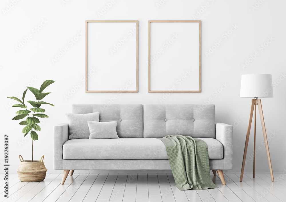 Fototapeta Wnętrze salonu z szarego aksamitu sofa, poduszki, zielone pled, lampa i skrzypce drzewo liści w wiklinowym koszu na tle białej ściany. Renderowanie 3D.