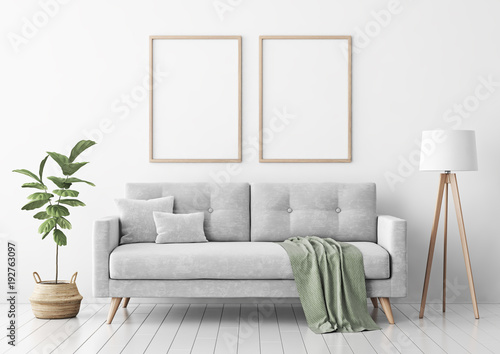 Fototapeta Wnętrze salonu z szarego aksamitu sofa, poduszki, zielone pled, lampa i skrzypce drzewo liści w wiklinowym koszu na tle białej ściany. Renderowanie 3D.