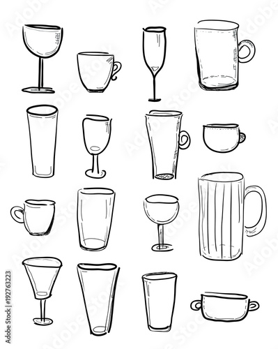 Set of sketched cups and glasses - hand draw, vector