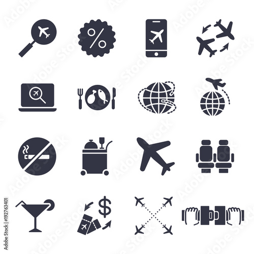 Airport and Airplane Elements icons set. Delivery icons universal set for web and mobile. Plane, search, seat bels, airway and other. EPS 10. Editable Stroke.