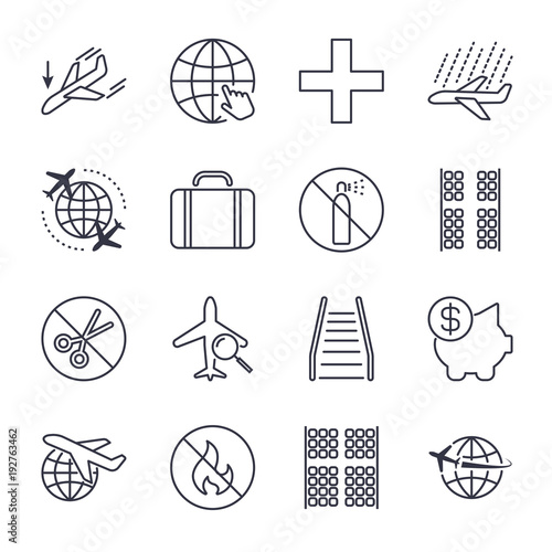 Airport and plane navigation icons set. Icons set with editable stroke