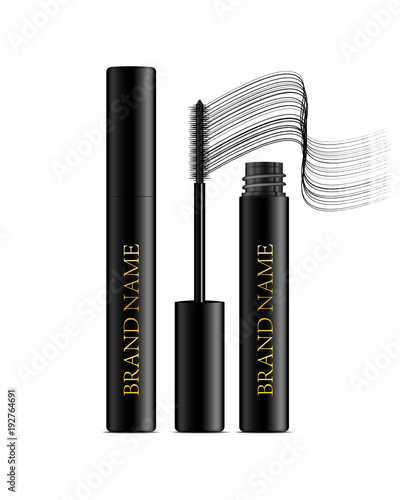 A mascara tube and a wand applicator. Cosmetic black gold bottle with eyelash brush. Isolated on white background. Grunge swatch, black wavy brush stroke hand drawn. Vector