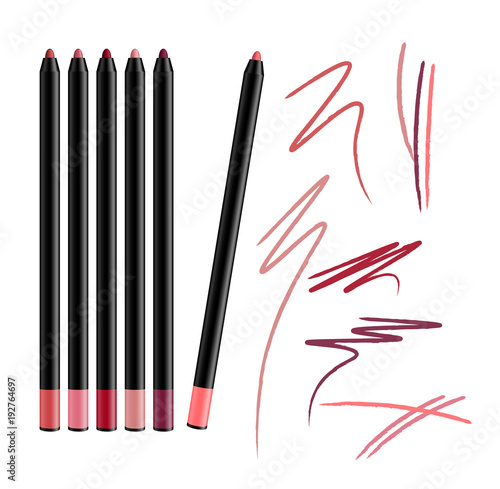 Cosmetic Make-up Eye liner Set Pencils Vector Isolated on White Background. Collection of lipliner pens for contour in glamour luxury vogue style. Color smear samples.