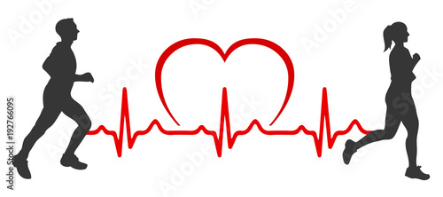 Man and woman run, heart pulse, one line - stock vector