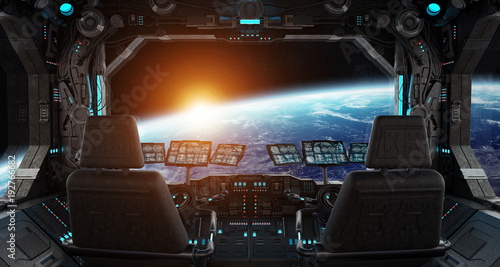 Fototapeta Naklejka Na Ścianę i Meble -  Spaceship grunge interior with view on planet Earth