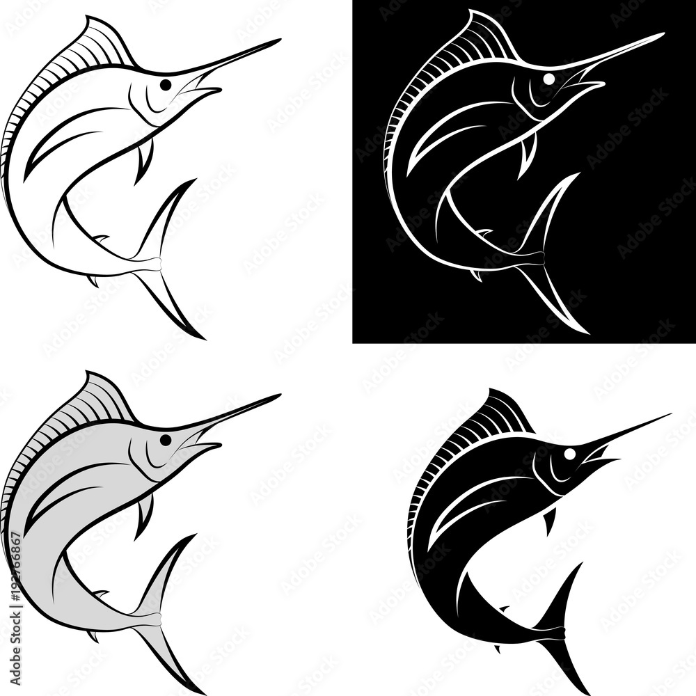 isolated swordfish clip art illustration and line art Stock Vector