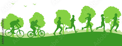Group sportsman: two cyclists are riding and athletes run - stock vector