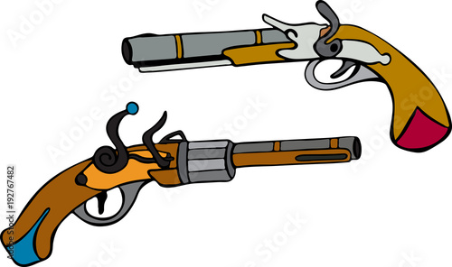 hand-drawn old pistoles with wooden handle