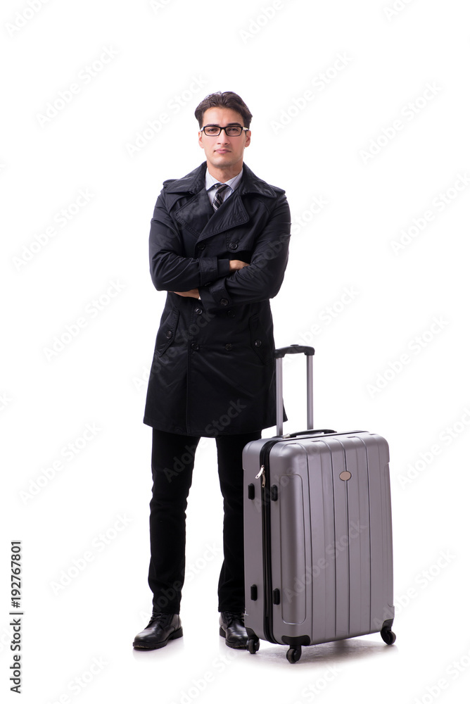 Young businessman with suitcase ready for business trip on white Young businessman with suitcase ready for business trip on white