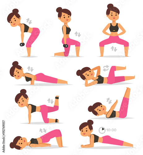 Fitness girl woman sport exercise vector character workout beautiful athlete. Women sport exercise lifestyle training female. Workout fit young adult active women sport exercise body person gym