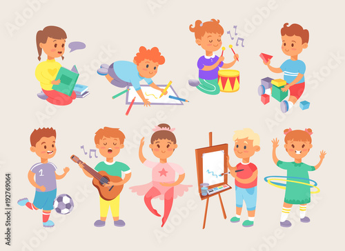 Young vector children kids boys and girls school and sport activity playing types of park and home games. Little kids play summer outdoor active. Set of young people group friends childhood activity