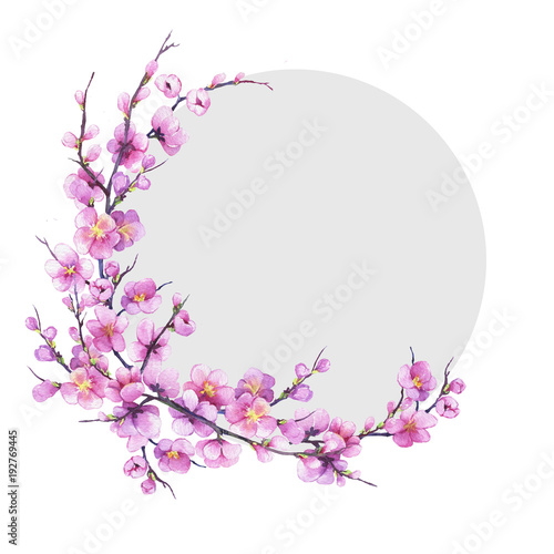 Banner  round frame with pink sakura flower. For wedding  invitation  Valentine s Day  Mother s Day. Watercolor hand drawn painting illustration isolated on white background.