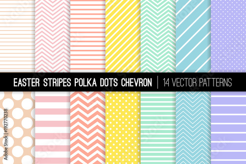 Pastel Rainbow Polka Dot, Chevron and Stripes Vector Patterns. Easter Backgrounds in Pink, Blue, Yellow, Turquoise, Coral and Lilac. Modern Minimal Design. Repeating Pattern Tile Swatches Included.