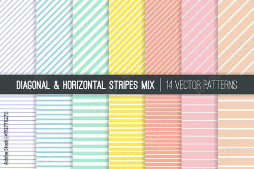 Pastel Rainbow Stripes Vector Patterns. Easter Backgrounds in Pink, Blue, Yellow, Turquoise, Coral and Lilac. Diagonal and Horizontal Lines. Minimal Design. Repeating Pattern Tile Swatches Included.