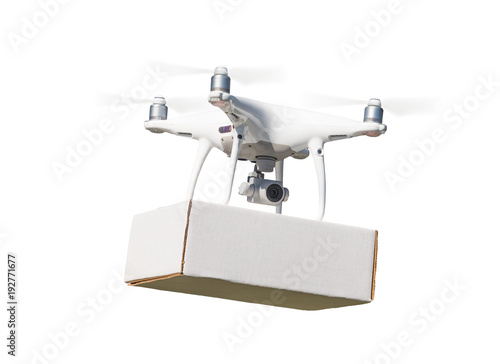 Unmanned Aircraft System (UAS) Quadcopter Drone Carrying Blank Package On White.