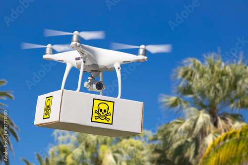 Unmanned Aircraft System (UAV) Quadcopter Drone Carrying Package With Poison Symbol Label Over Tropical Terrain.