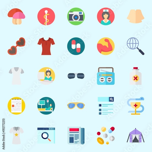 Icons about Hippies with radio, photo camera, note, patient, poison and pill