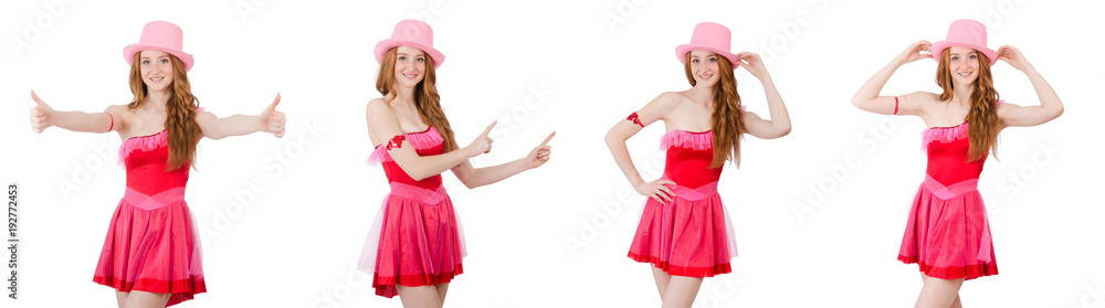 Pretty young wizard in mini pink dress isolated on white Pretty young wizard in mini pink dress isolated on white