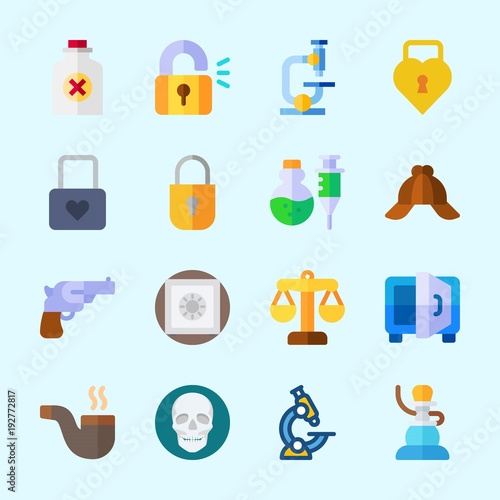 Icons about Crime Investigation with microscope, poison, shisha, revolver, justice and safebox