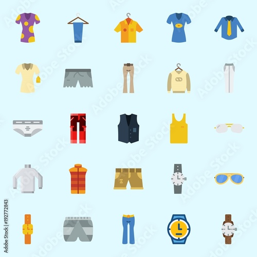 Icons about Man Clothes with underwear, watch, sunglasses, short, sleeveless and wristwatch