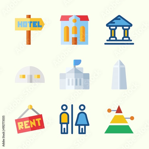 Icons about Construction with white house, store house, for rent, toilet, washington monument and pyramid